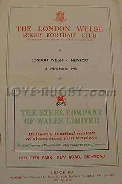 1960 London Welsh v Newport  Rugby Programme
